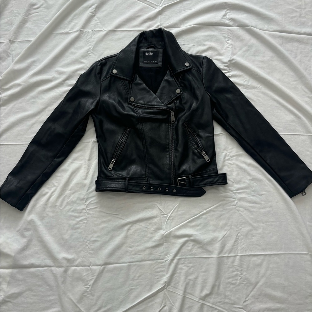Small black faux leather motto jacket